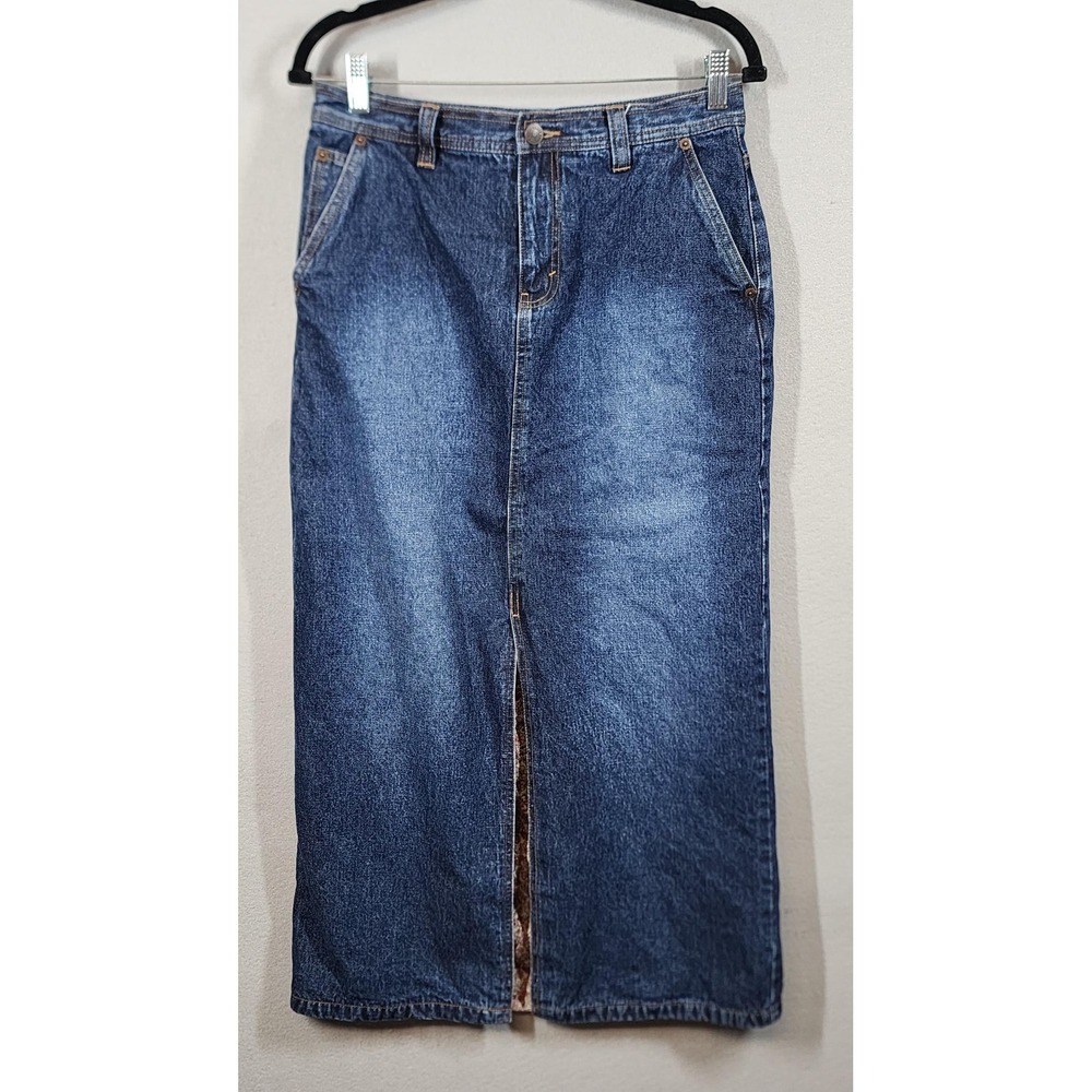Eddie Bauer Jean Skirt Womens 8 Denim Midi Floral Lined Front Slit Pockets